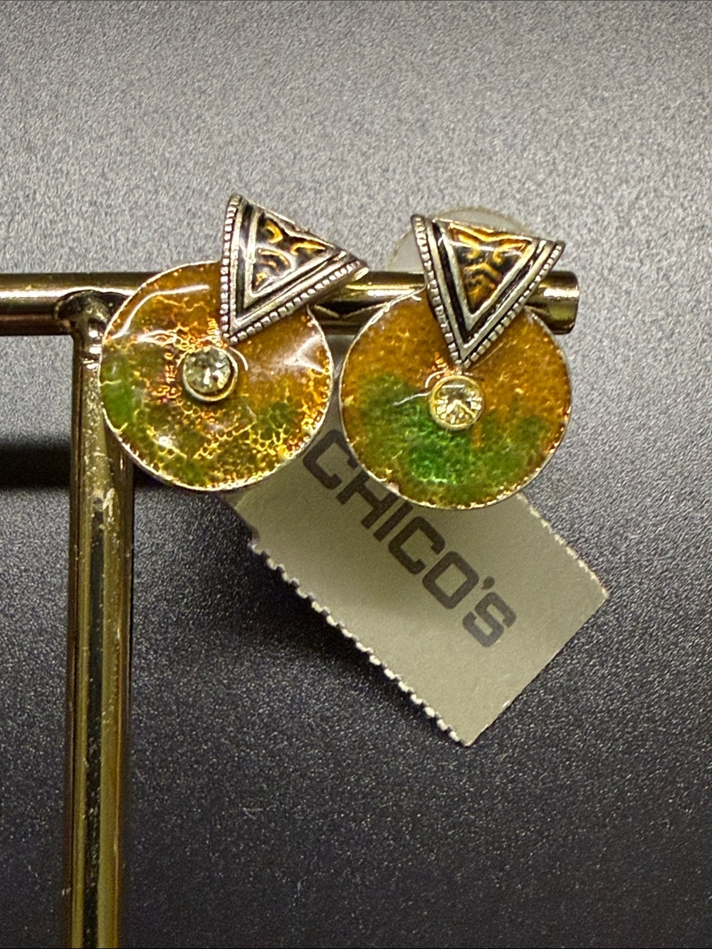 Chico's Gold and Green Enamel Disc Drop Earrings with Silver-Tone Triangles